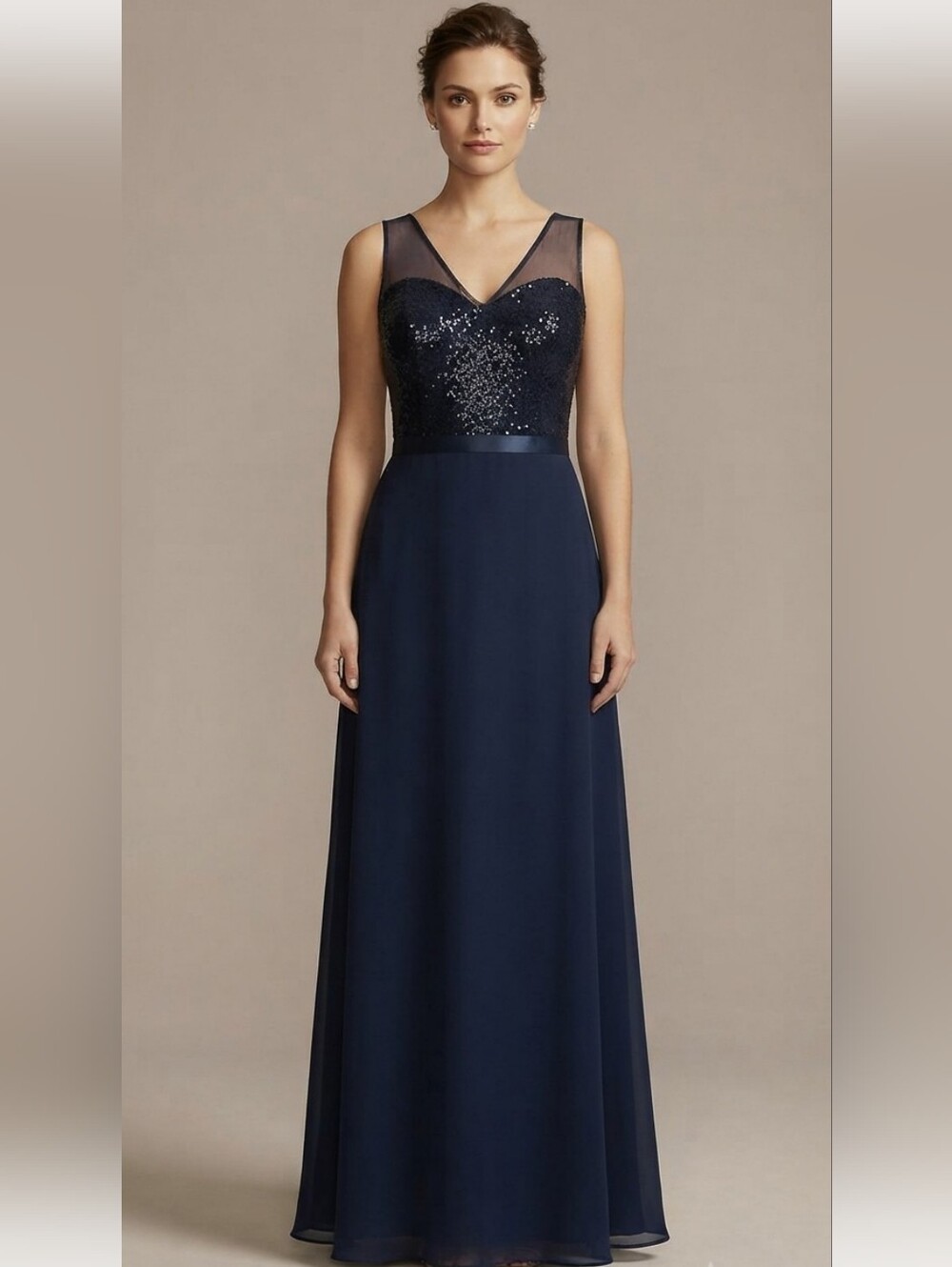 Elegant Navy V-Neck Evening Formal Dress With Sequin Embellished Bodice Size 16